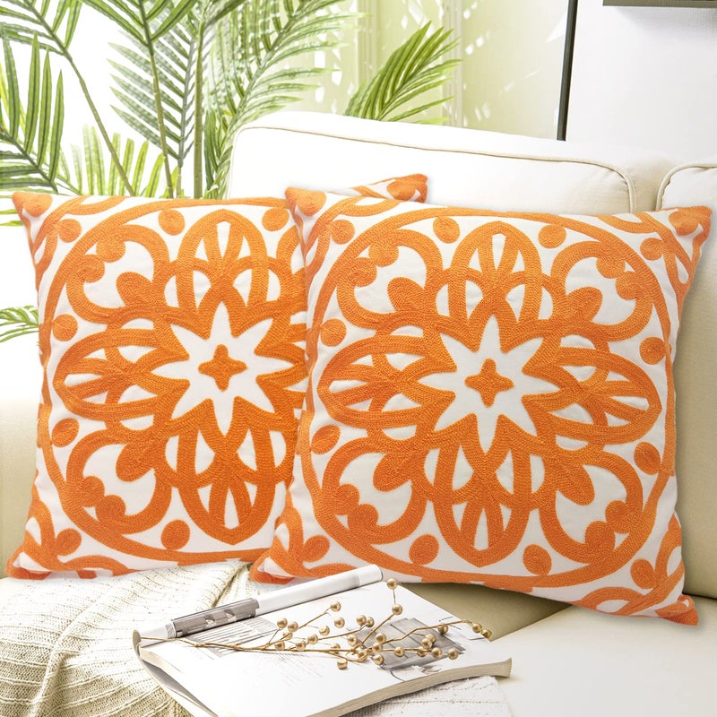 Alysheer Embroidered Decorative Throw Pillow Covers 18""x18"" Set of 2 Pieces  Classic Boho Mandala Knit Pattern  100% Cotton Canvas Cozy Vibrant Cushion Cases for Sofa Couch Living Room (Bright Orange) - Image 1